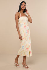 Arrosa Light Yellow Floral Halter Midi Dress