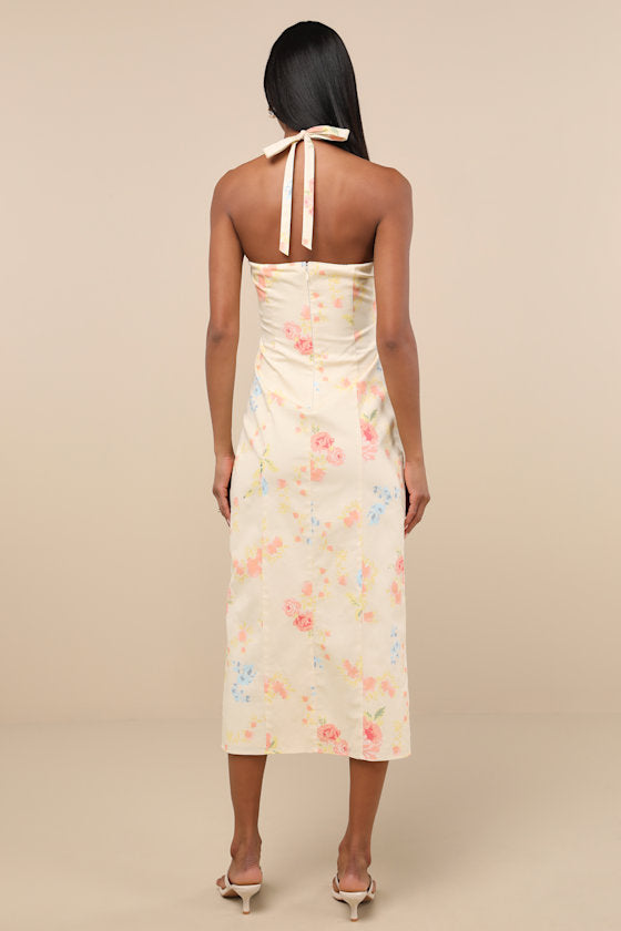 Arrosa Light Yellow Floral Halter Midi Dress