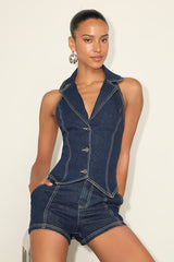 Lyris Dark Wash Denim Button-Front Collared Halter Top