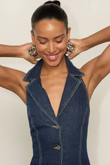 Lyris Dark Wash Denim Button-Front Collared Halter Top