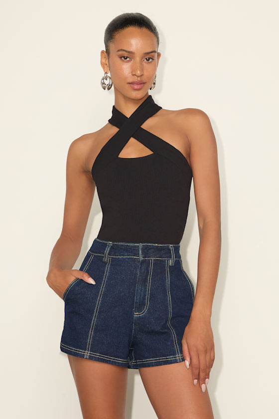 Lyris Dark Wash Denim High-Rise Shorts
