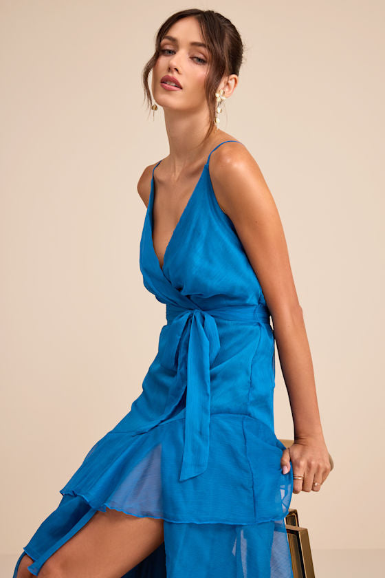 Ashanti Bright Blue Surplice Tiered Midi Dress