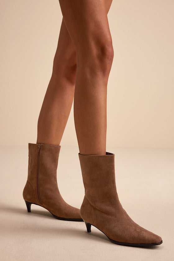 Carla Mocha Mousse Suede Kitten Heel Mid-Calf Booties