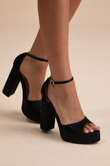 Orsola Black Satin Platform Ankle Strap Sandals
