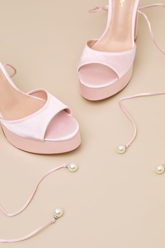 Simonette Baby Pink Satin Lace-Up Platform High Heel Sandals