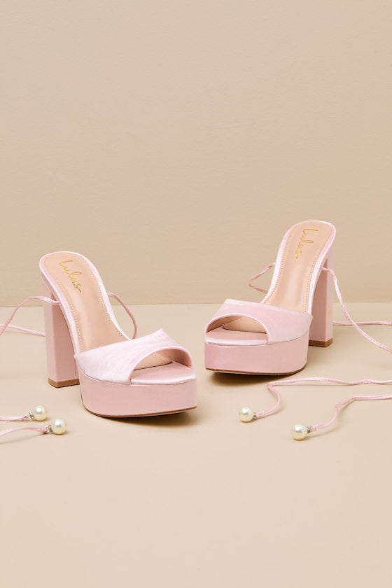 Simonette Baby Pink Satin Lace-Up Platform High Heel Sandals