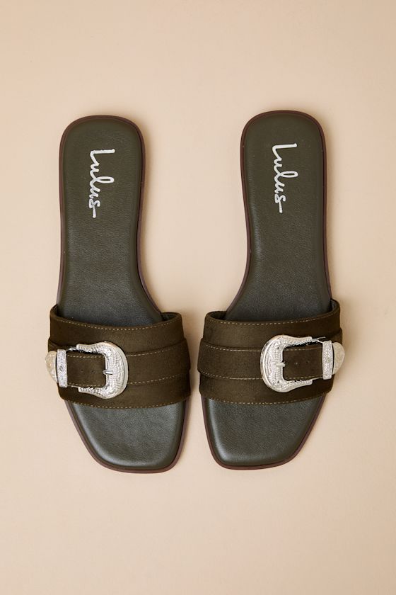 Nyomi Olive Suede Buckle Slide Sandals