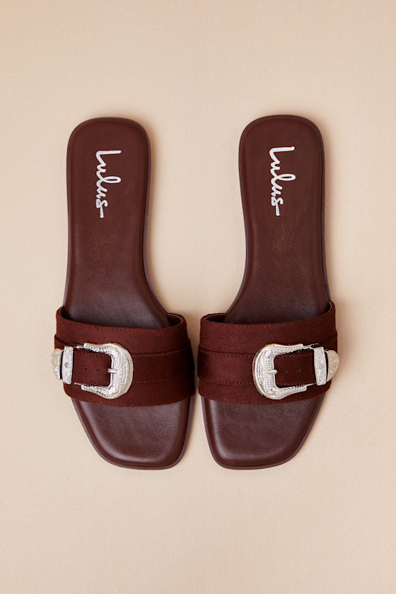 Nyomi Brown Suede Buckle Slide Sandals