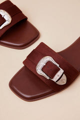 Nyomi Brown Suede Buckle Slide Sandals