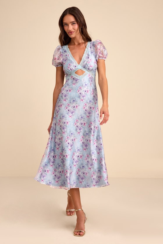 Darcy Light Blue Floral Puff Sleeve Midi Dress