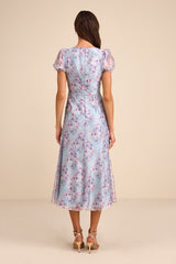 Darcy Light Blue Floral Puff Sleeve Midi Dress