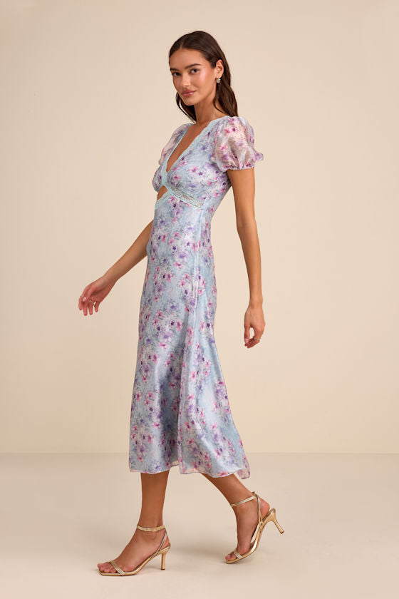 Darcy Light Blue Floral Puff Sleeve Midi Dress