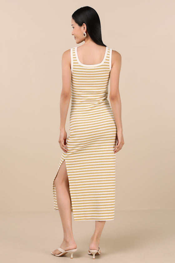 Edeva Yellow and Ivory Striped Knit Midi Dress