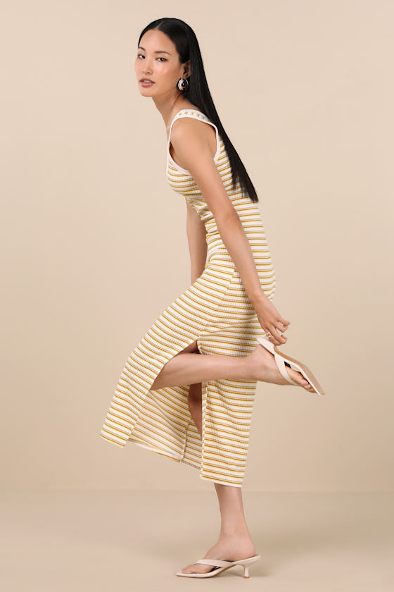 Edeva Yellow and Ivory Striped Knit Midi Dress
