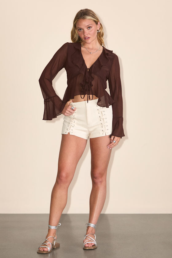 Nish Cream Lace-Up High-Waisted Shorts