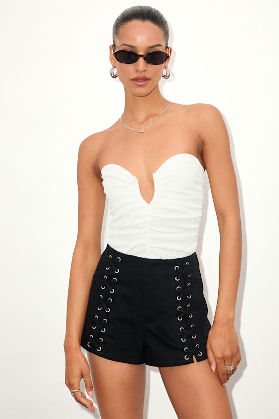 Nish Black Lace-Up High-Waisted Shorts