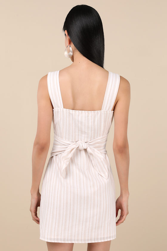 Sarie Ivory and Beige Striped Button-Front Mini Dress