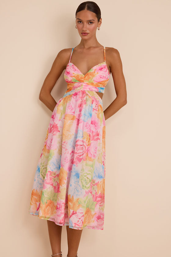 Ettalie Pink Multi Floral Lace-Up Midi Dress