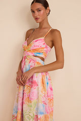Ettalie Pink Multi Floral Lace-Up Midi Dress