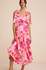 Fleurette Pink Floral Tie-Strap Midi Dress