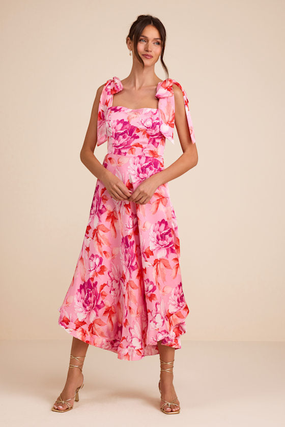 Fleurette Pink Floral Tie-Strap Midi Dress
