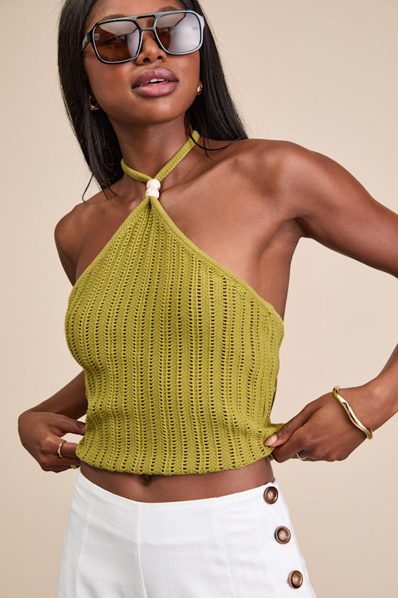 Serena Olive Green Sweater Knit Halter Top