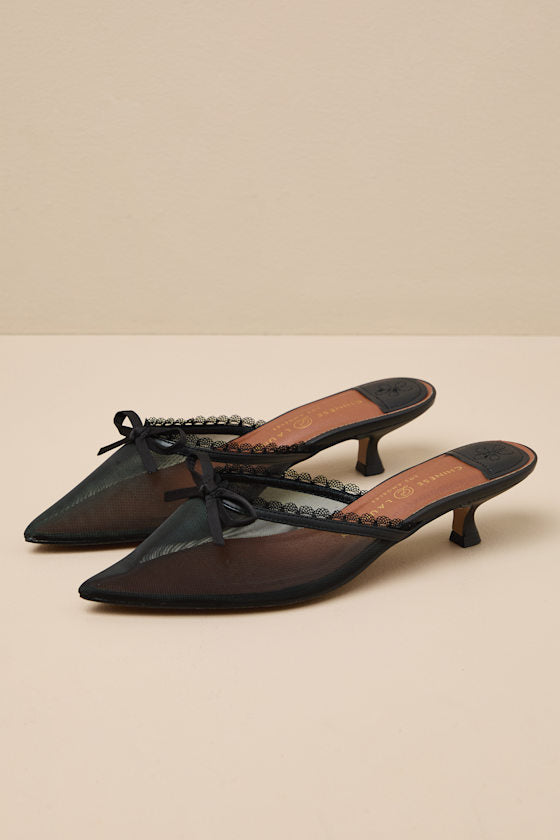 Mel Black Mesh Bow Kitten Heel Pumps