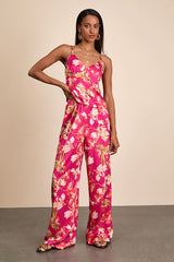 Zelimah Fuchsia Floral Satin Wide-Leg Pants
