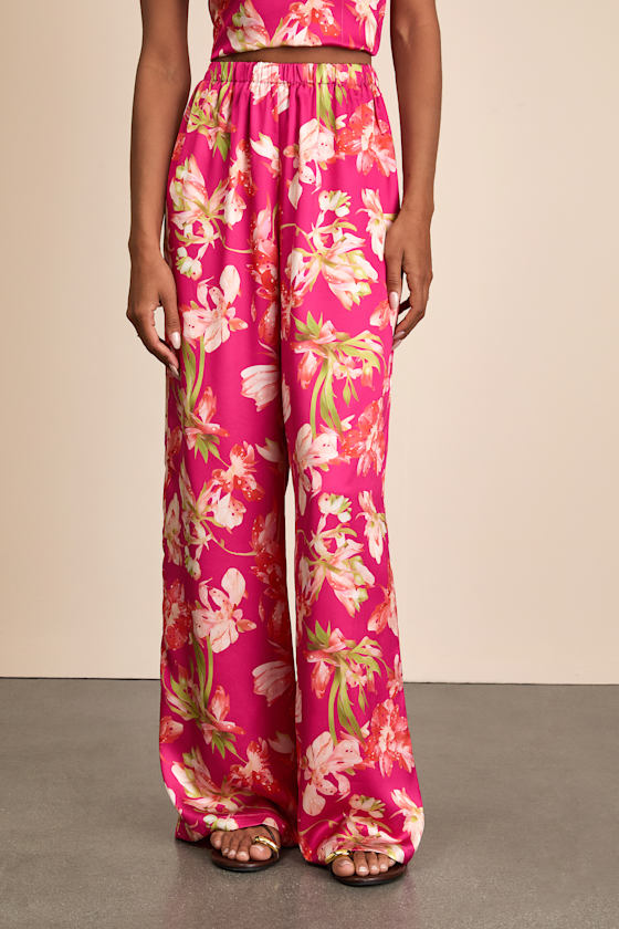 Zelimah Fuchsia Floral Satin Wide-Leg Pants