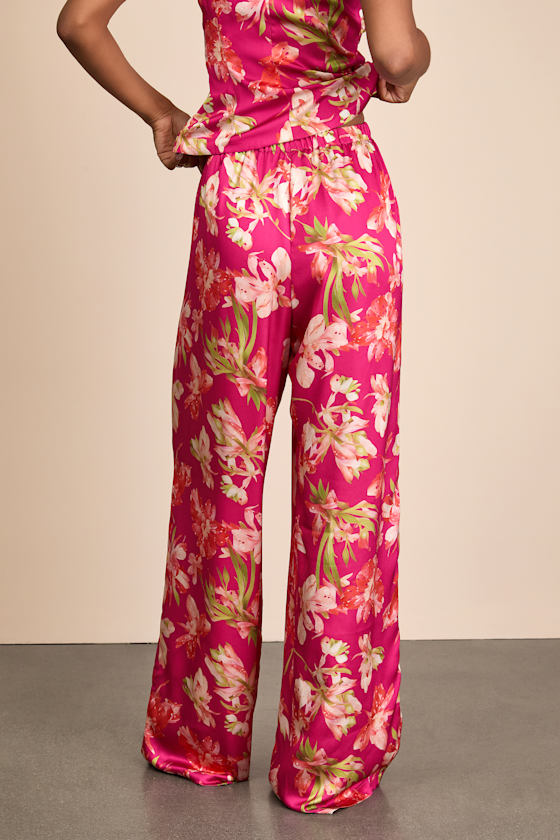 Zelimah Fuchsia Floral Satin Wide-Leg Pants