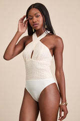 Sidia Cream Textured Knit Cross-Front Bodysuit