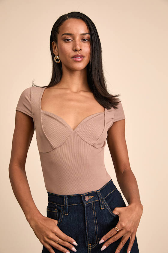 Jacqueline Taupe Ribbed Knit Short Sleeve Bodysuit