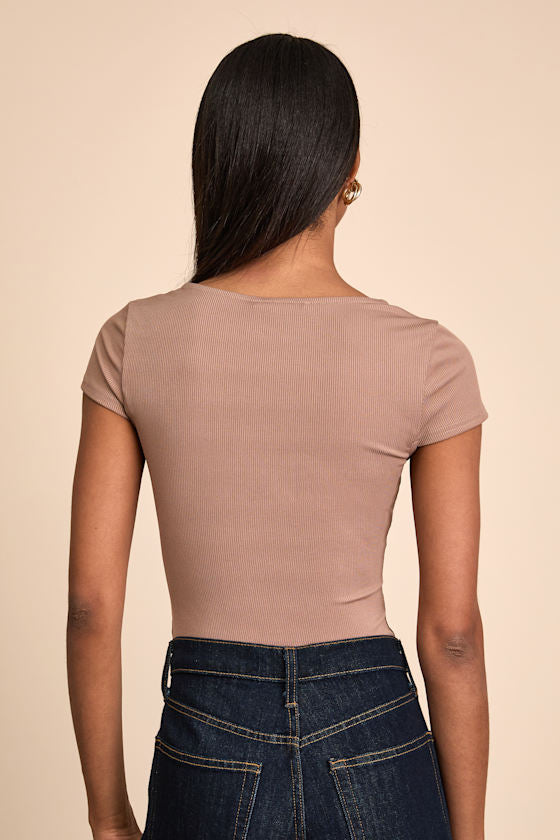 Jacqueline Taupe Ribbed Knit Short Sleeve Bodysuit