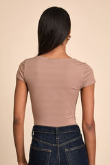 Jacqueline Taupe Ribbed Knit Short Sleeve Bodysuit