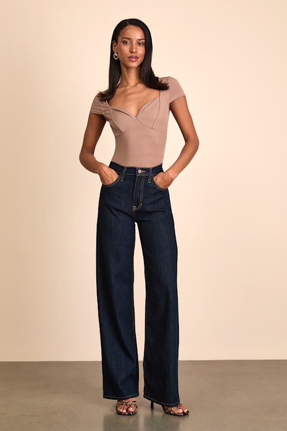 Jacqueline Taupe Ribbed Knit Short Sleeve Bodysuit