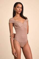 Jacqueline Taupe Ribbed Knit Short Sleeve Bodysuit