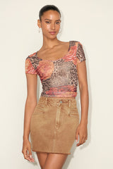 Adamina Brown Leopard and Floral Print Mesh Short Sleeve Top