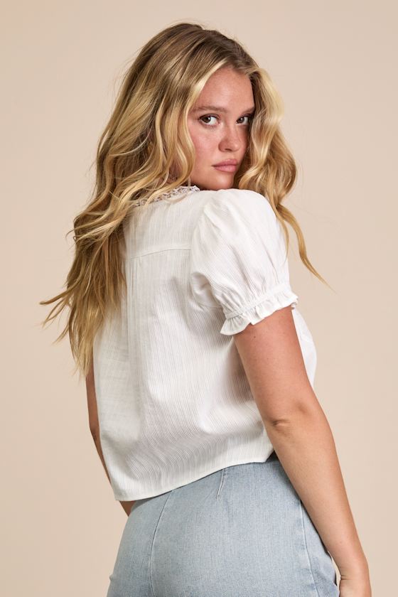 Kinsie White Puff Sleeve Button-Front Top