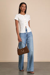 Annalena White Ribbed Button-Front Short Sleeve Top