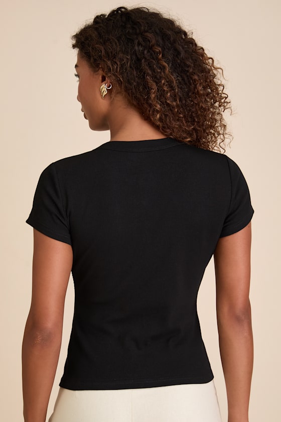 Annalena Black Ribbed Button-Front Short Sleeve Top
