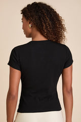 Annalena Black Ribbed Button-Front Short Sleeve Top