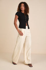 Annalena Black Ribbed Button-Front Short Sleeve Top