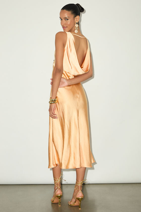 Incredible Love Light Orange Satin Cowl Back Midi Slip Dress