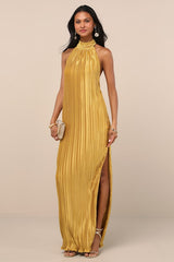 Gwenny Golden Yellow Satin Plisse Maxi Dress