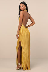 Gwenny Golden Yellow Satin Plisse Maxi Dress
