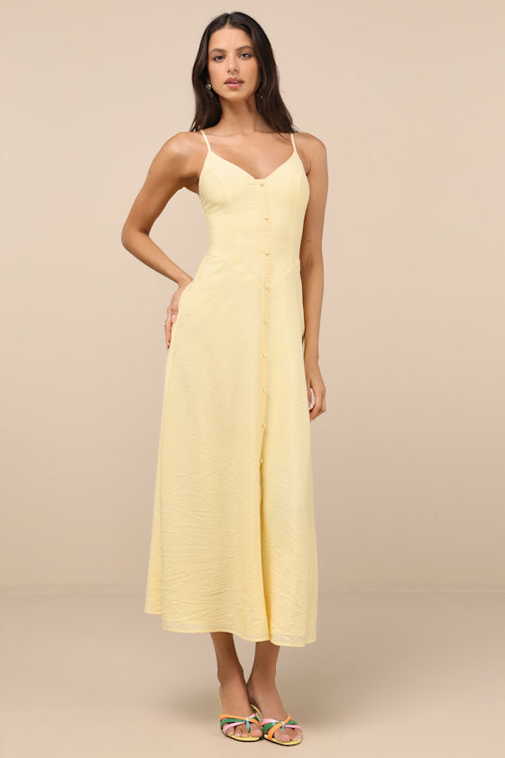 Sanya Light Yellow Button-Front Sleeveless Midi Dress