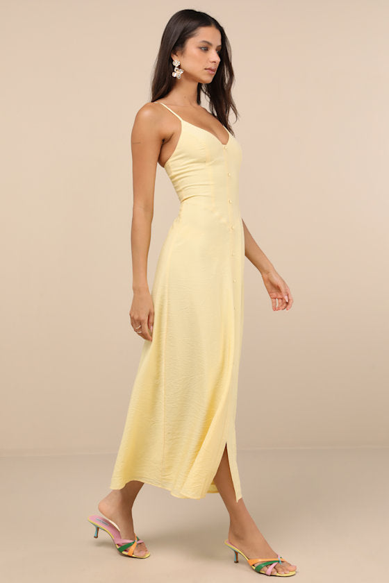Sanya Light Yellow Button-Front Sleeveless Midi Dress