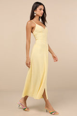 Sanya Light Yellow Button-Front Sleeveless Midi Dress