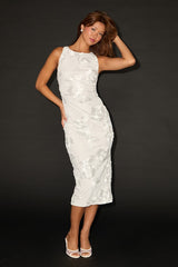 Taylin White Floral Applique Backless Midi Dress