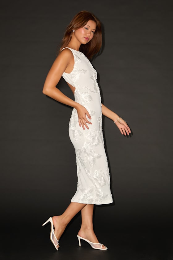 Taylin White Floral Applique Backless Midi Dress